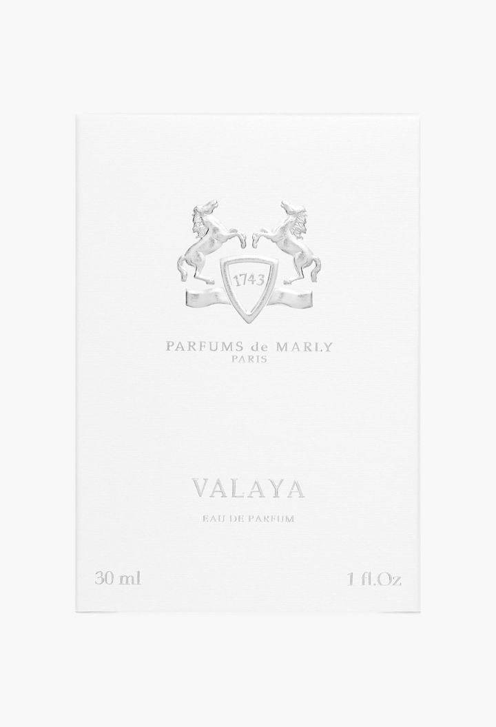 GLAM MODA Parfums de Marly Valaya Eau de Parfum white 30ml fragrance box with embossed silver horse logo