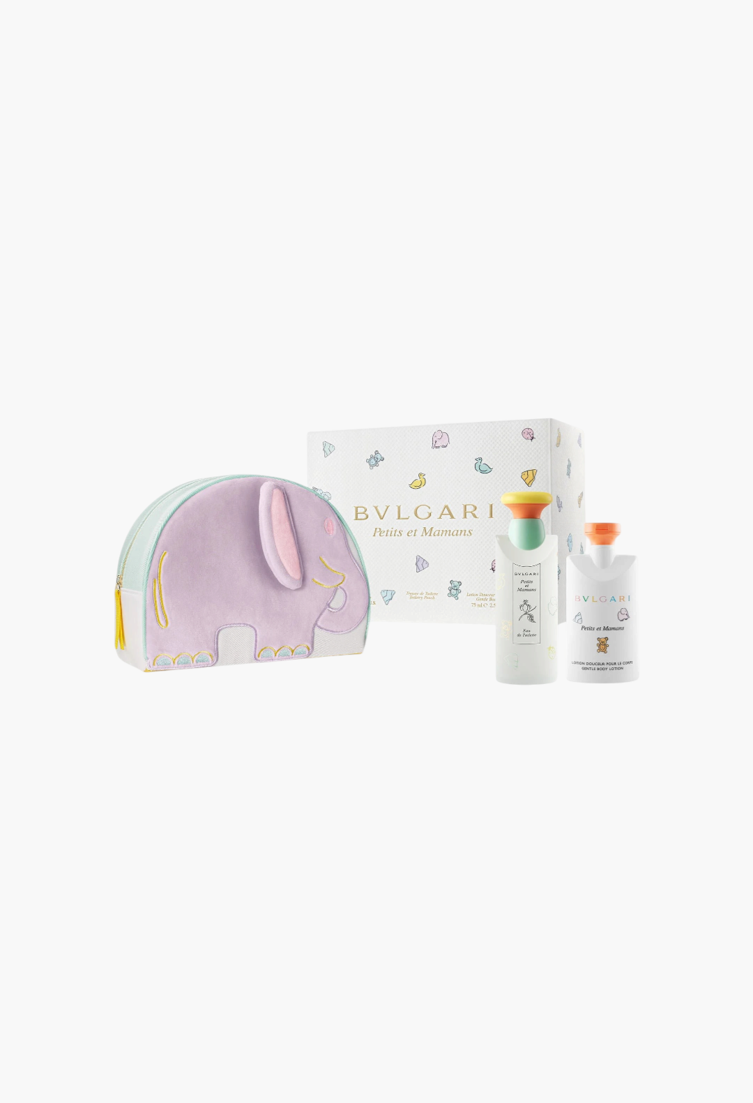 GLAM MODA Bvlgari Petits et Mamans gift set with eau de toilette, body lotion, and a cute elephant toiletry pouch.