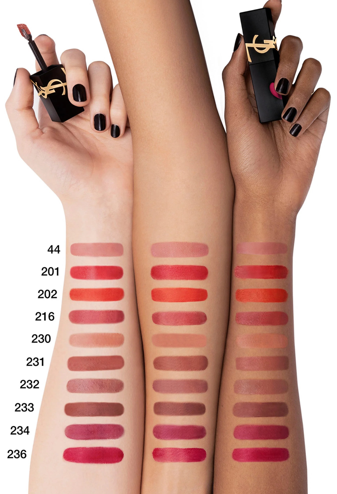 GLAM MODA Yves Saint Laurent The Inks Blurring Matte Liquid Lip Stain swatches on three different skin tones