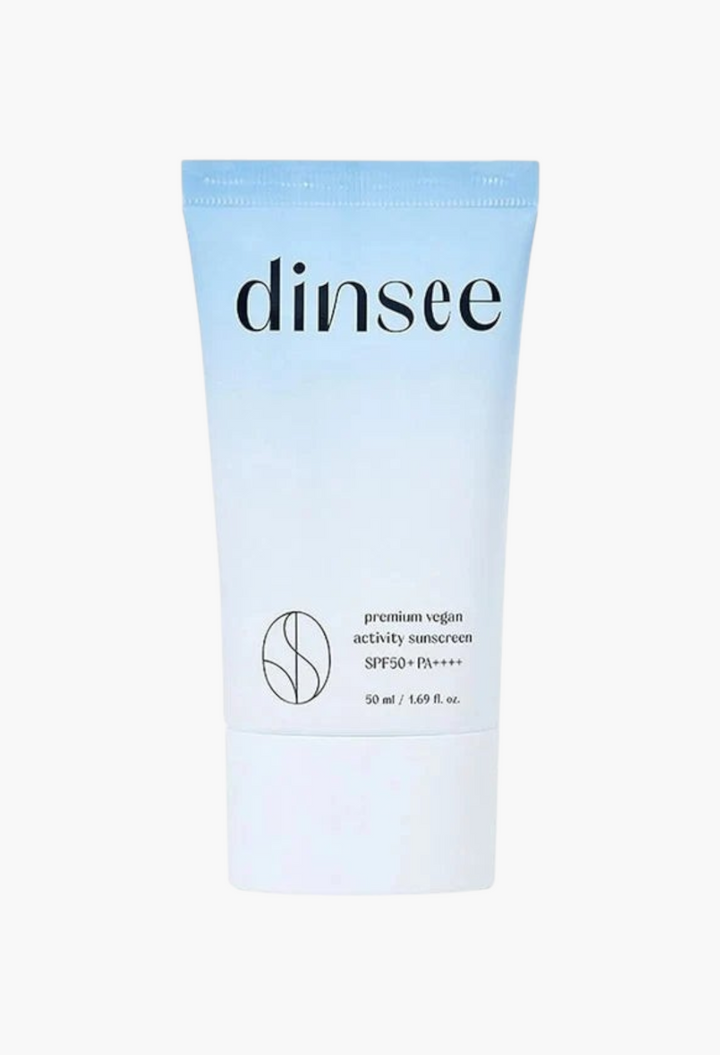 GLAM MODA Dinsee SPF50+ PA++++ vegan activity sunscreen in a light blue and white 50ml squeeze tube
