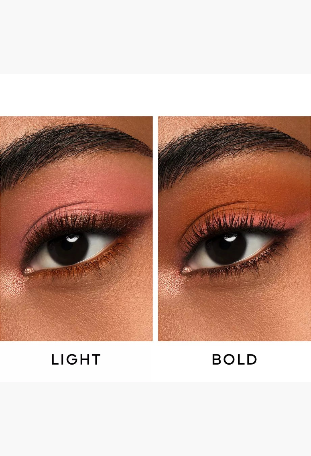 GLAM MODA Ombres G Eyeshadow Quad in Undressed Brown showing light and bold makeup application styles on eyelids
