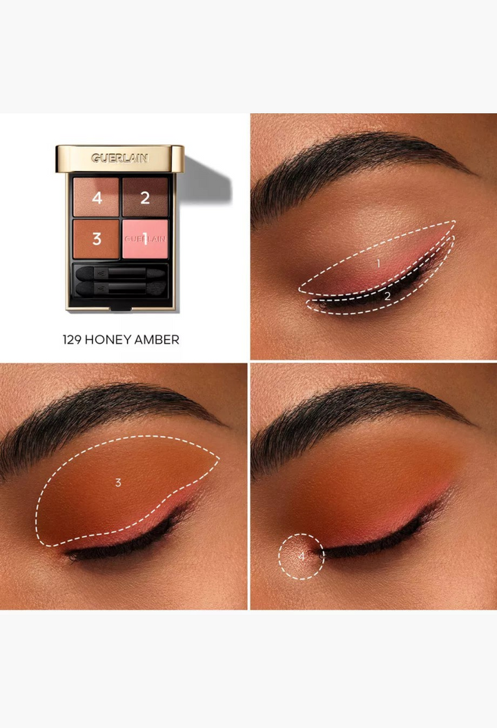 GLAM MODA Guerlain Ombres G Undressed Brown eyeshadow quad palette with four shades and application guide on eyelid