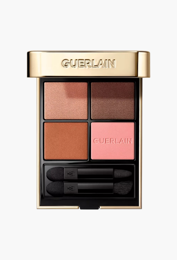 GLAM MODA Guerlain Ombres G Eyeshadow Quad in Undressed Brown with four diverse finishes and two applicator brushes.