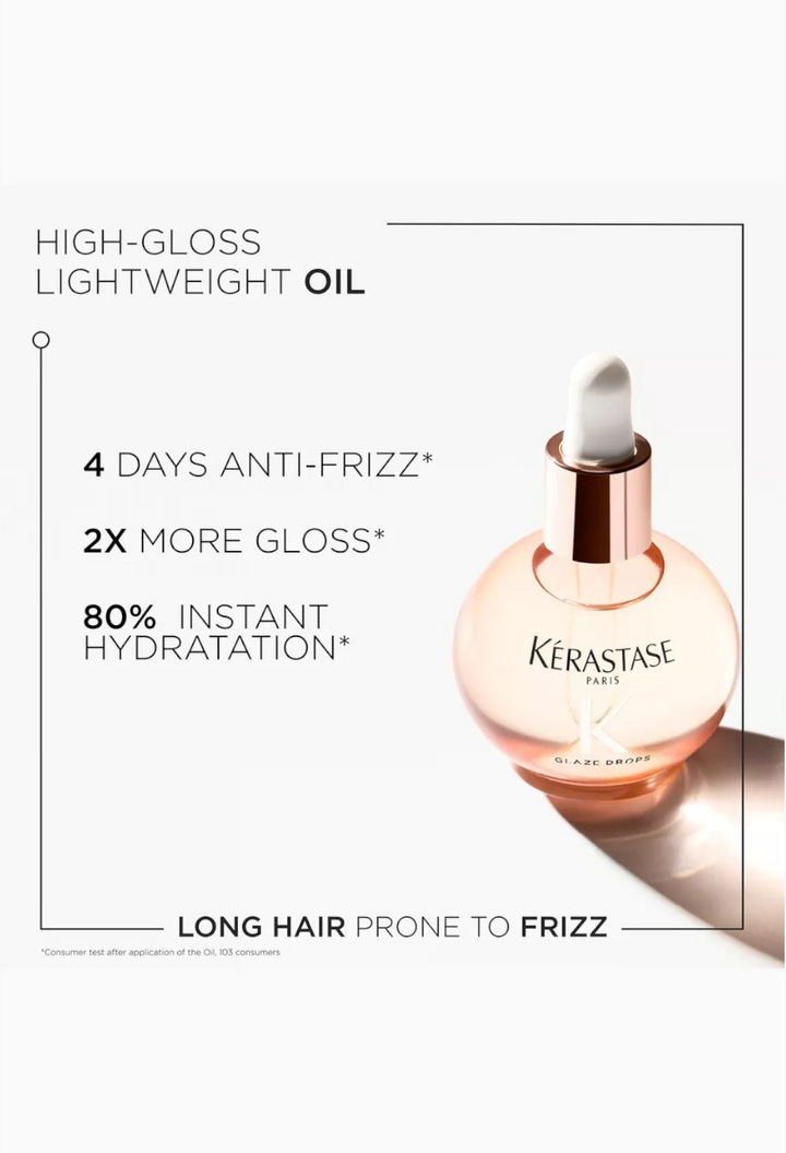 GLAM MODA Kerastase Gloss Absolu Glaze Drops lightweight hair oil in a round glass bottle with a dropper