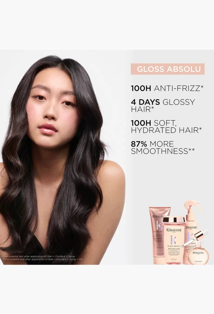 GLAM MODA Kerastase Gloss Absolu Glaze Drops hair oil set with a model featuring long, shiny, healthy dark hair.