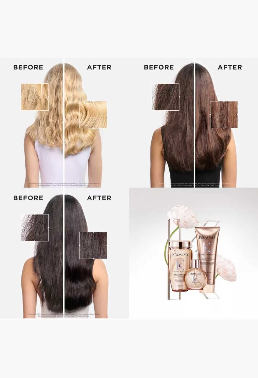 GLAM MODA Kerastase Gloss Absolu Glaze Drops showing before and after results on various hair types for radiant shine
