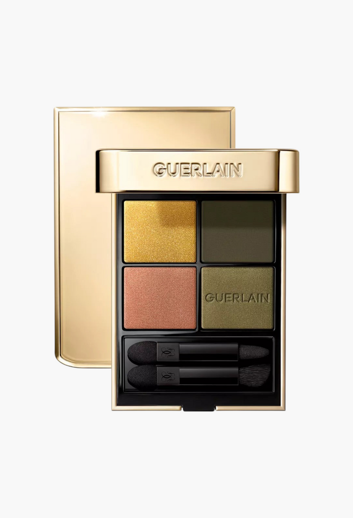 GLAM MODA Guerlain Ombres G Eyeshadow Quad in Undressed Brown with four earth-toned shades and two applicator brushes.