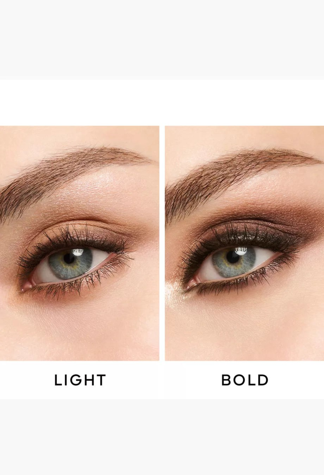 GLAM MODA Ombres G Eyeshadow Quad in Undressed Brown showing light and bold eye makeup application on a model
