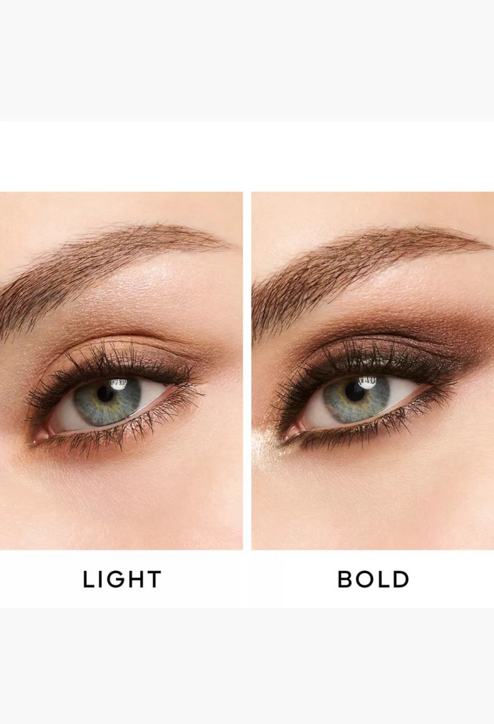 GLAM MODA Ombres G Eyeshadow Quad in Undressed Brown showing light and bold eye makeup application on a model