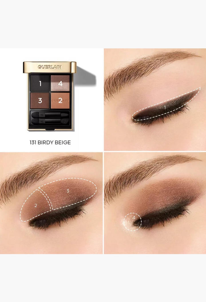 GLAM MODA Guerlain Ombres G Eyeshadow Quad in Undressed Brown with application guide and swatches on eyelid