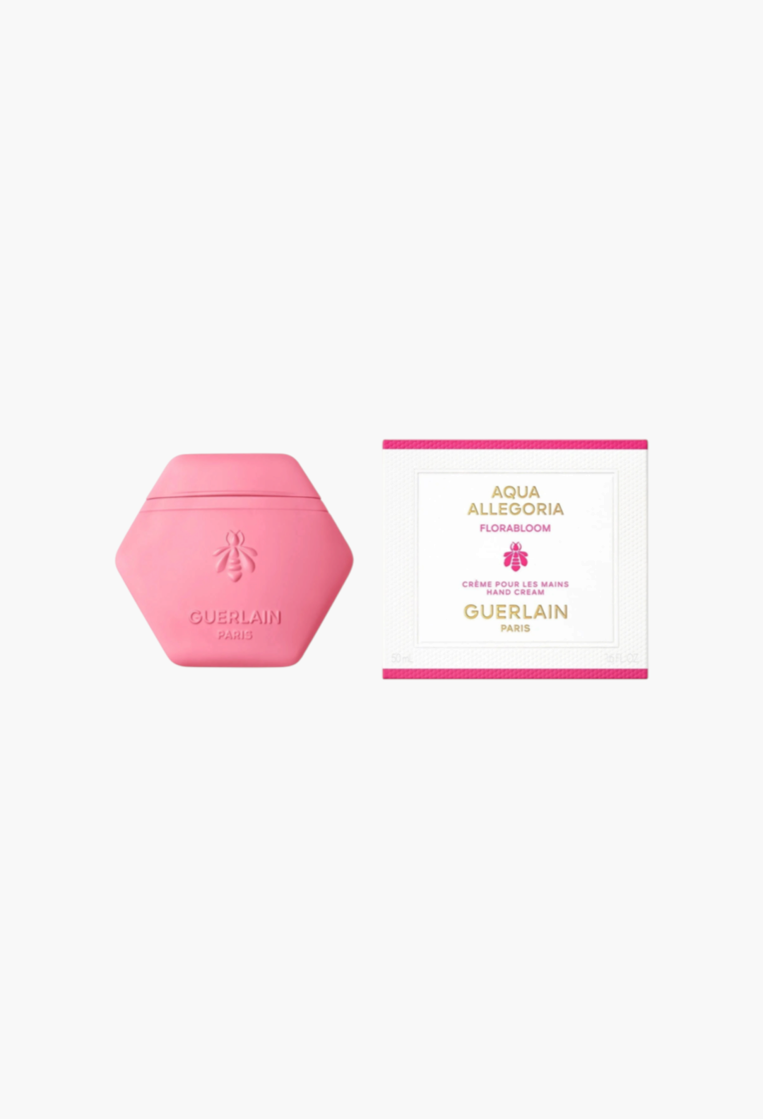 GLAM MODA Guerlain Aqua Allegoria Florabloom hand cream in a pink honeycomb tube with its matching floral box packaging.