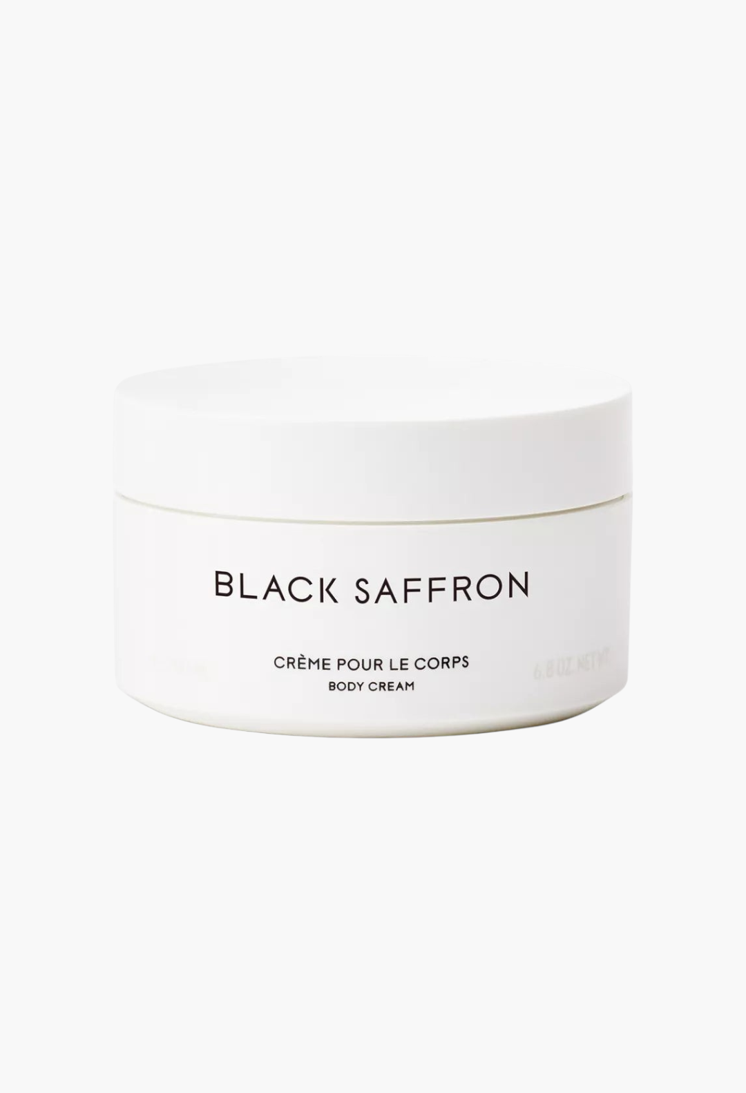 GLAM MODA Byredo Black Saffron body cream in a white 200ml jar with minimalist black typography