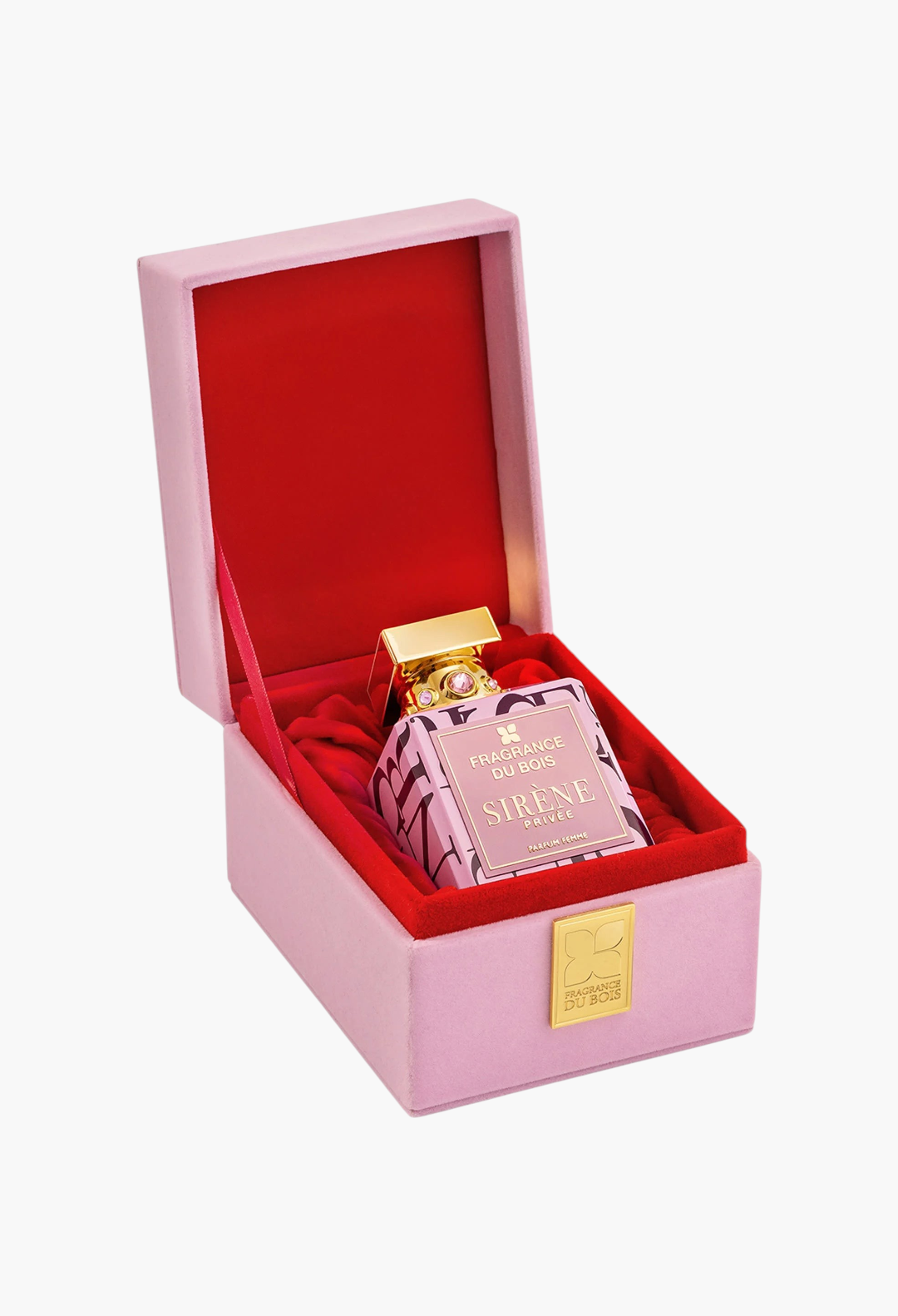 GLAM MODA Fragrance du Bois Sirène Privée Parfum in a pink velvet presentation box with a red interior lining