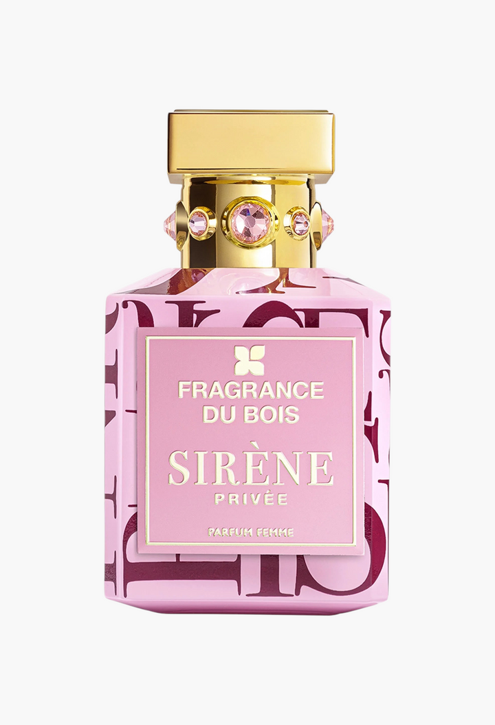GLAM MODA Fragrance du Bois Sirène Privée Parfum in a pink bottle with gold cap and pink crystal accents