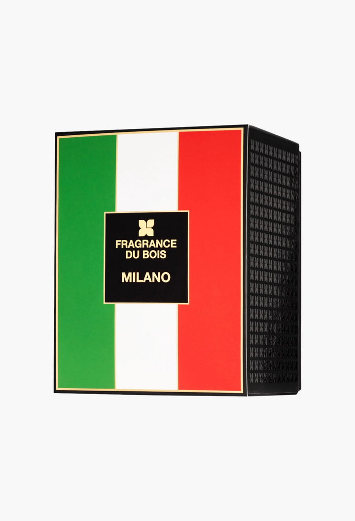 GLAM MODA Fragrance du Bois Milano Parfum box featuring the Italian flag design with gold logo and black side panel