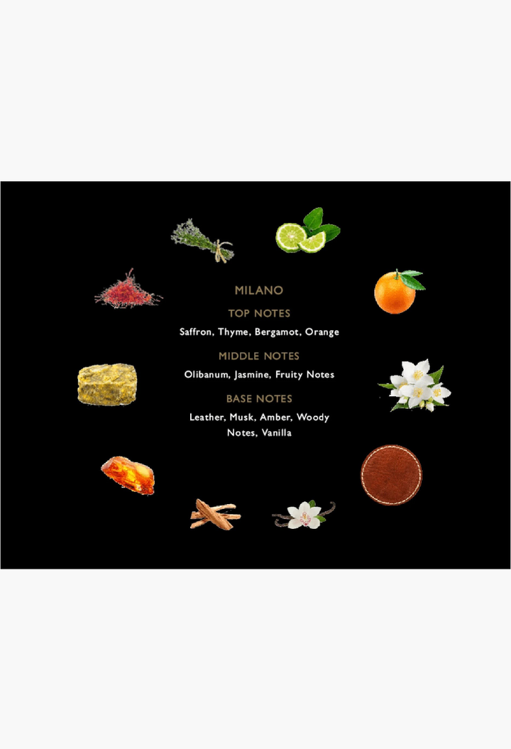 GLAM MODA Milano Parfum fragrance notes infographic featuring saffron, thyme, bergamot, orange, jasmine, and leather.