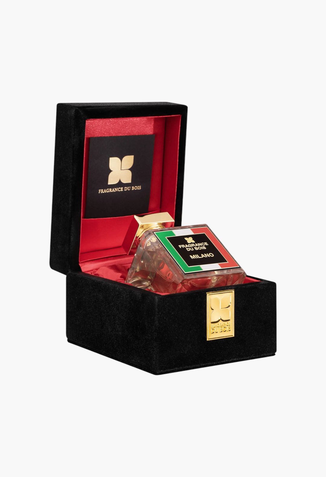 GLAM MODA Fragrance du Bois Milano Parfum in a black velvet presentation box with Italian flag label detail