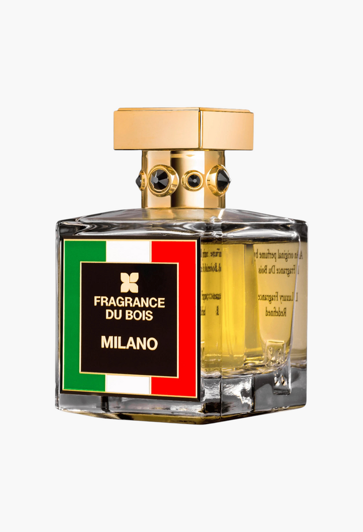 GLAM MODA Fragrance du Bois Milano Parfum in a glass bottle with a gold cap and Italian flag label design