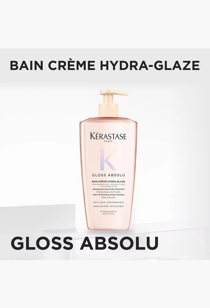 GLAM MODA Kérastase Gloss Absolu Hydra-Glaze refillable shampoo bottle for thick, frizzy hair in a 500ml size.