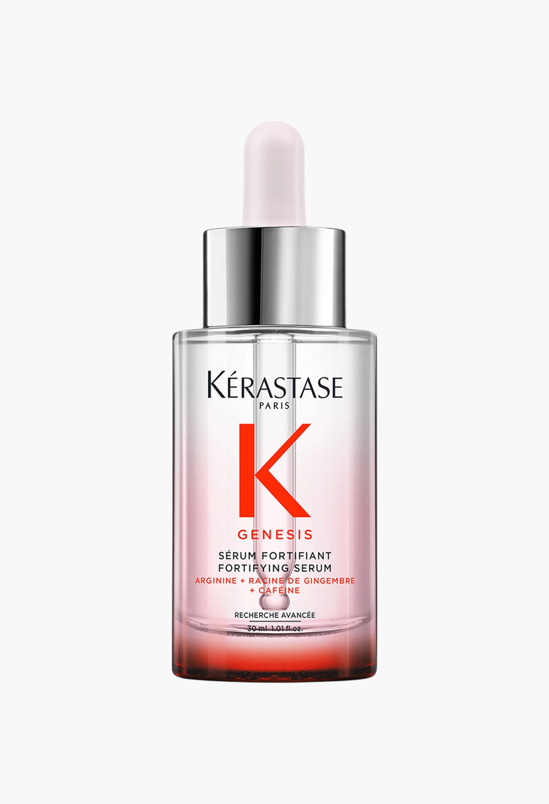 GLAM MODA Kérastase Genesis anti-hair fall scalp serum in a clear glass bottle with a silver dropper cap.