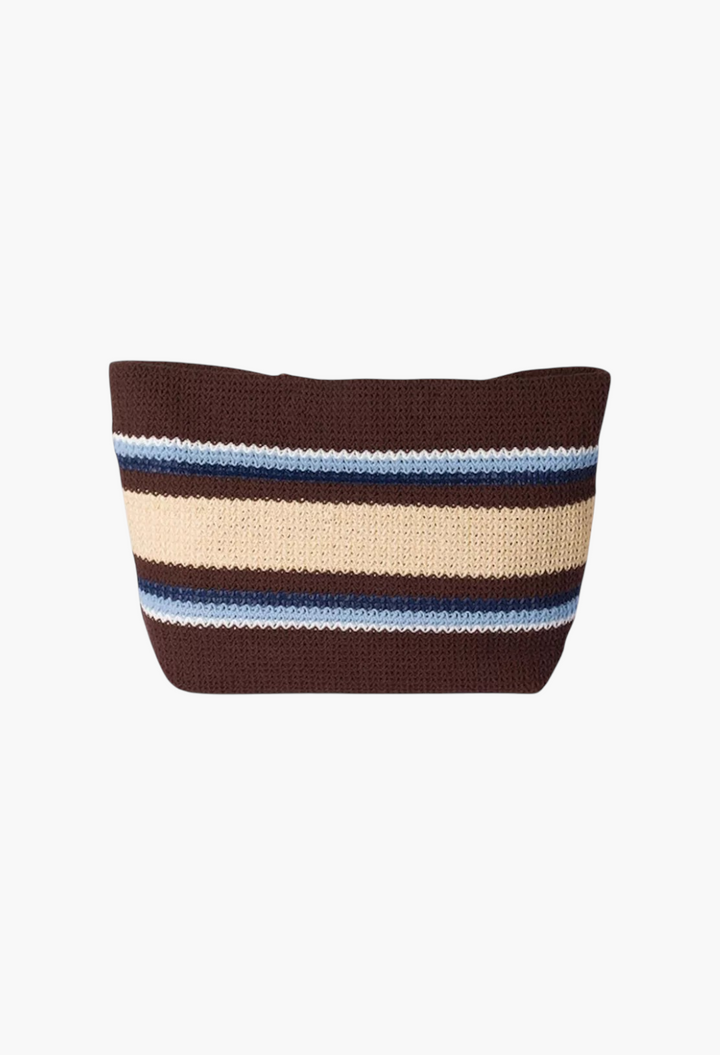 GLAM MODA brown raffia-effect woven tote bag with horizontal blue and beige stripes and a spacious silhouette