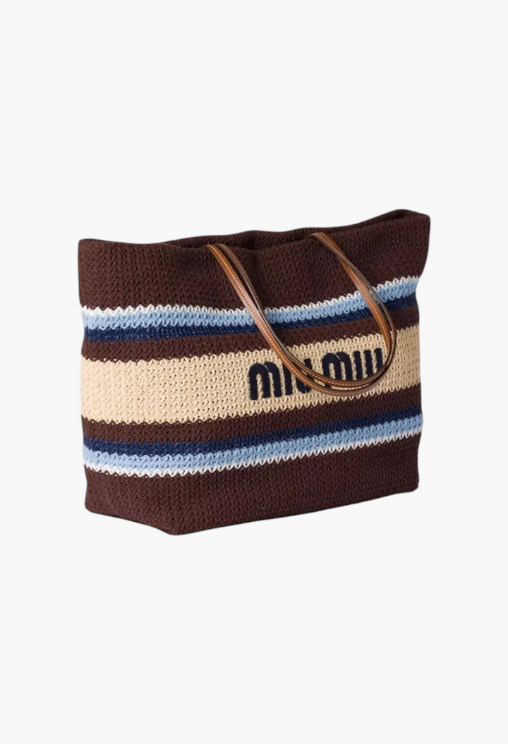 GLAM MODA Miu Miu brown raffia-effect woven tote bag with blue and beige stripes and leather handles