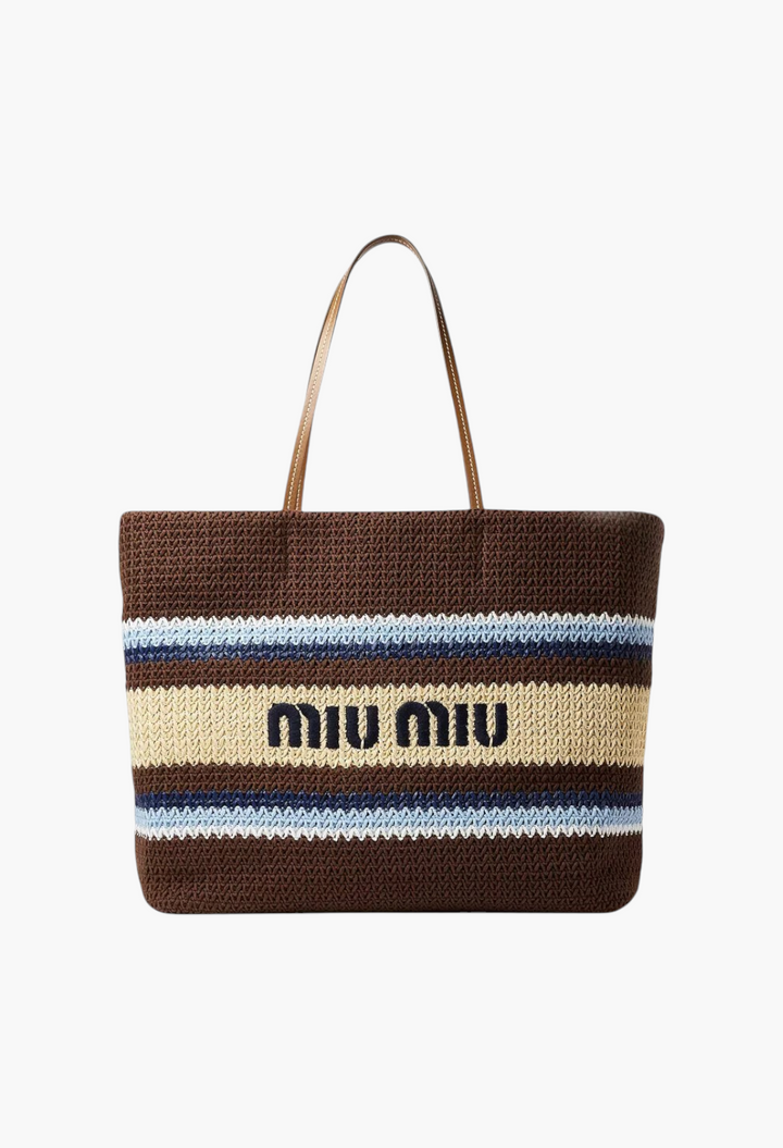 GLAM MODA brown raffia-effect woven tote bag with striped pattern, leather handles, and embroidered Miu Miu logo