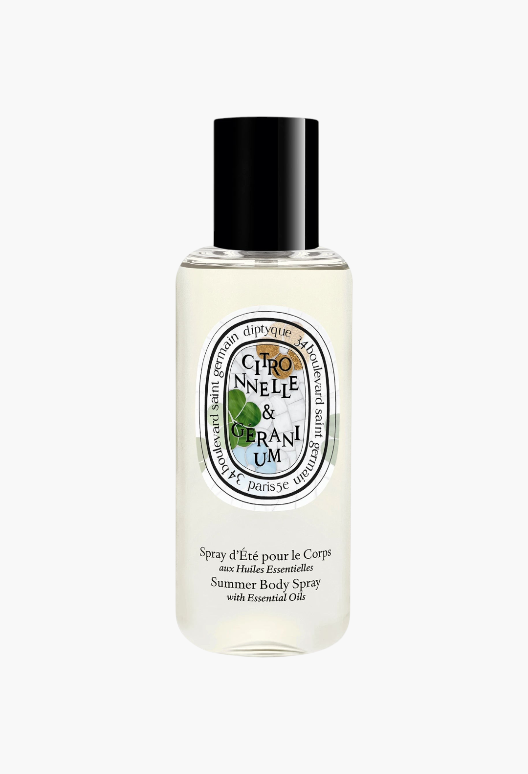 GLAM MODA Diptyque Citronnelle & Geranium 100ml summer body spray with essential oils in a clear glass bottle.
