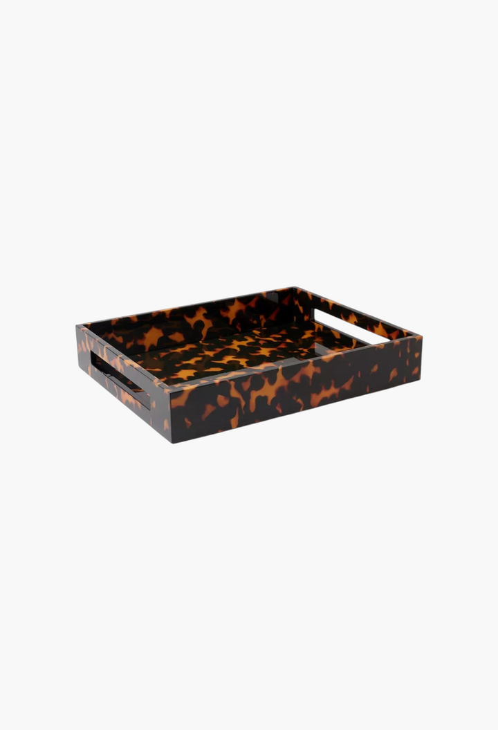 GLAM MODA medium rectangular serving tray in a high-gloss light brown faux tortoiseshell lacquer finish.