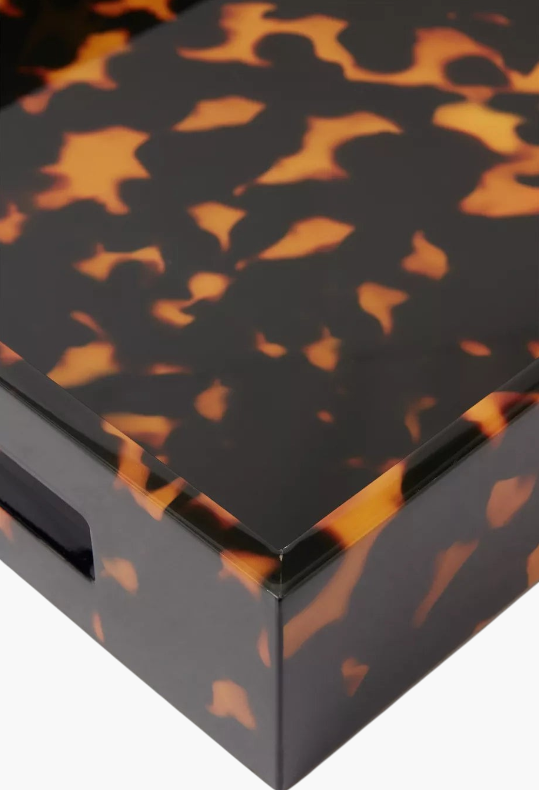 GLAM MODA medium lacquered serving tray in a high-gloss light brown faux tortoiseshell finish with cutout handles.