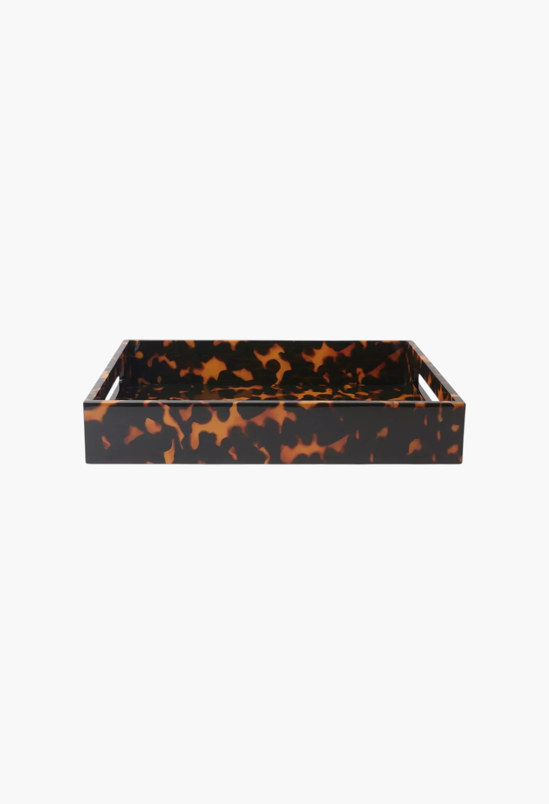 GLAM MODA medium rectangular serving tray in a high-gloss light brown faux tortoiseshell lacquer finish.