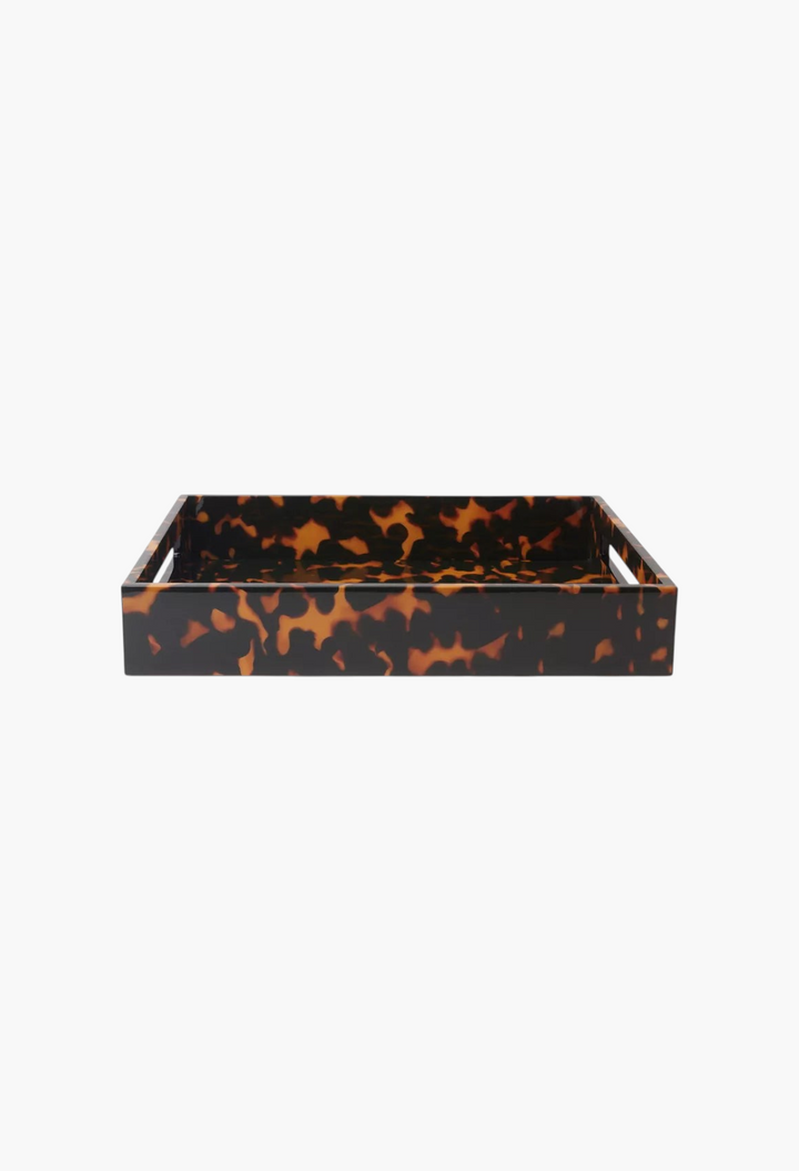 GLAM MODA medium rectangular serving tray in a high-gloss light brown faux tortoiseshell lacquer finish.