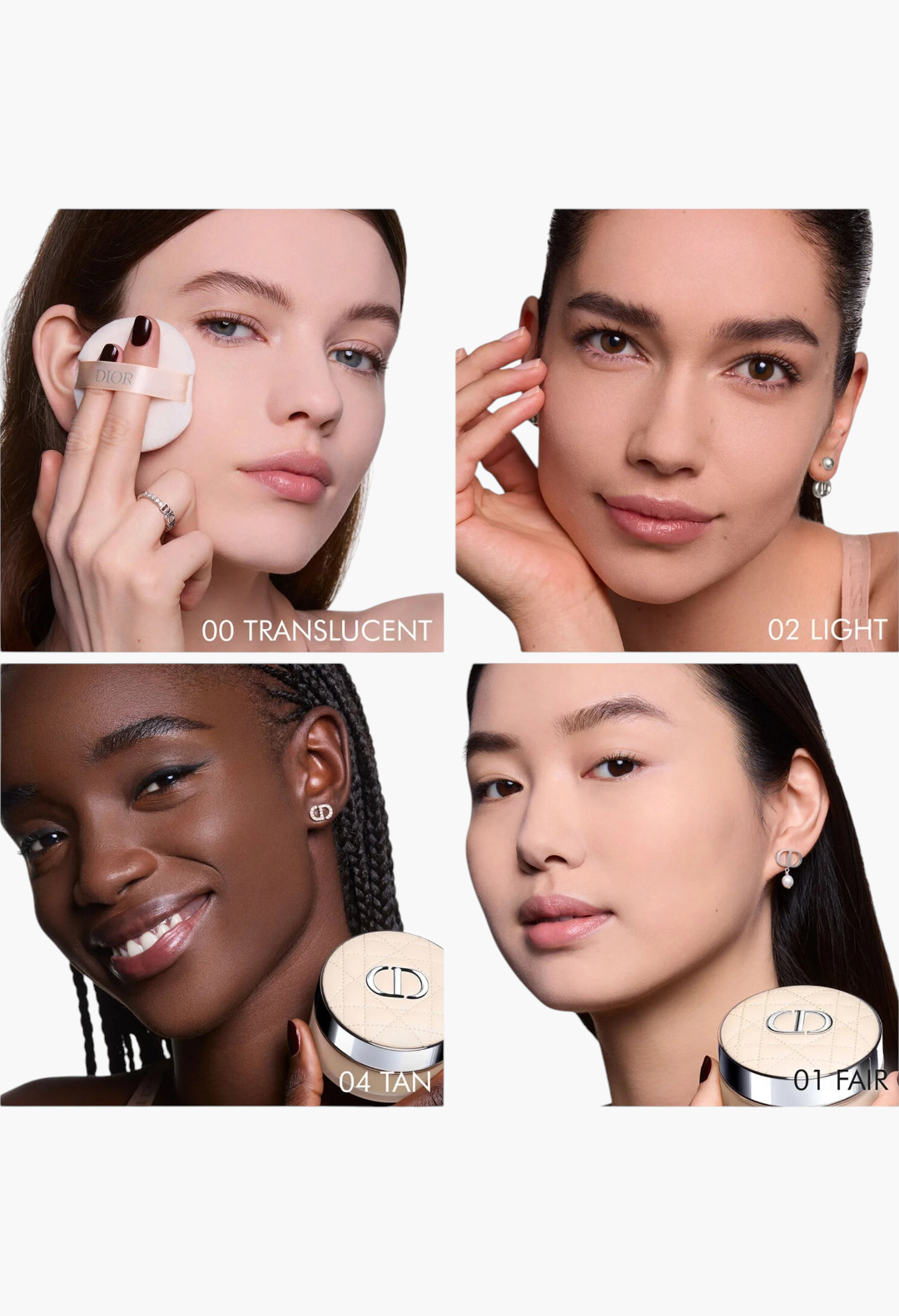 GLAM MODA Dior Forever On Set Powder shown on four diverse models with different skin tones for a matte finish.