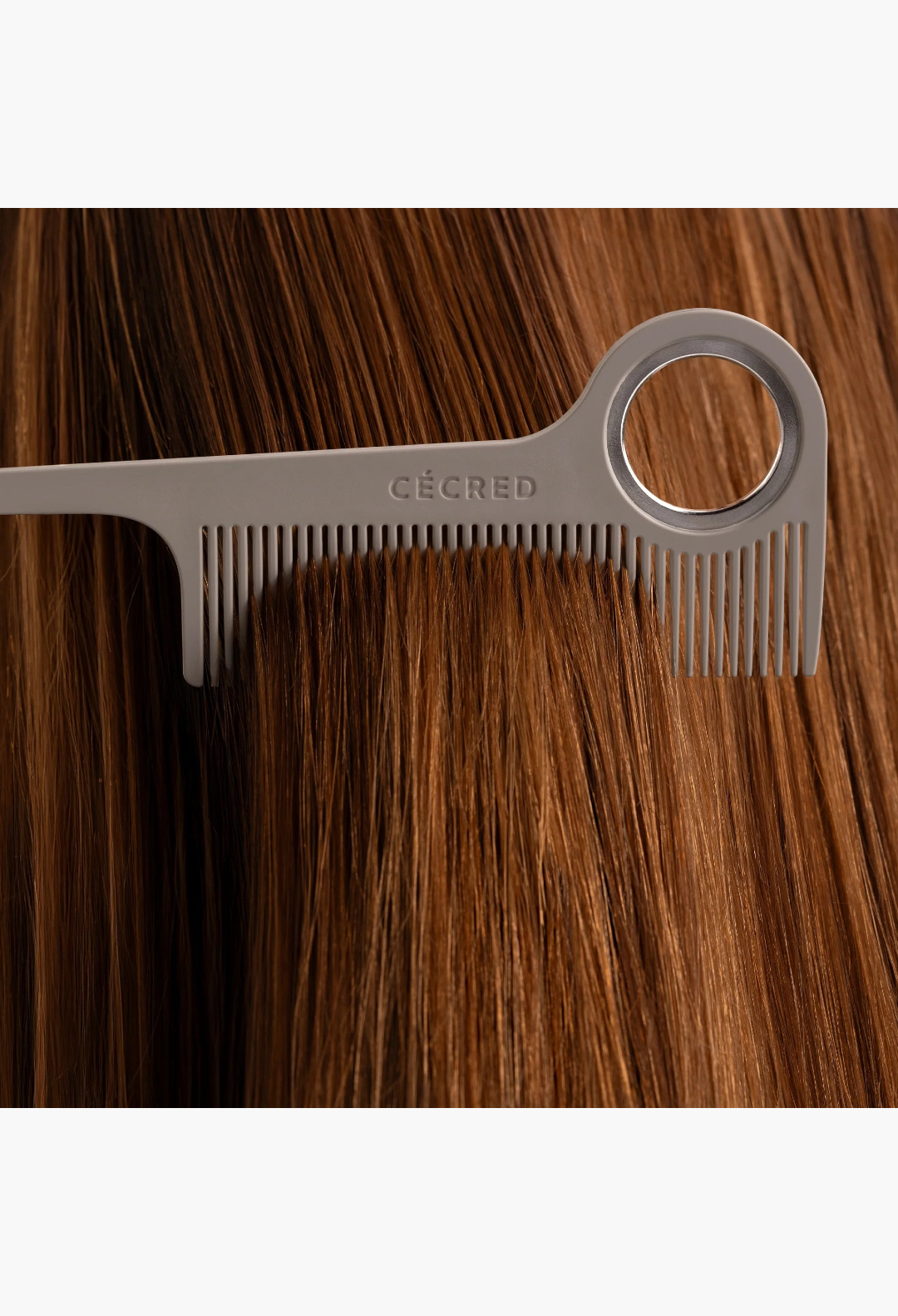 GLAM MODA parting tail comb in grey with fine teeth, stainless steel tail, and a convenient hanging ring.