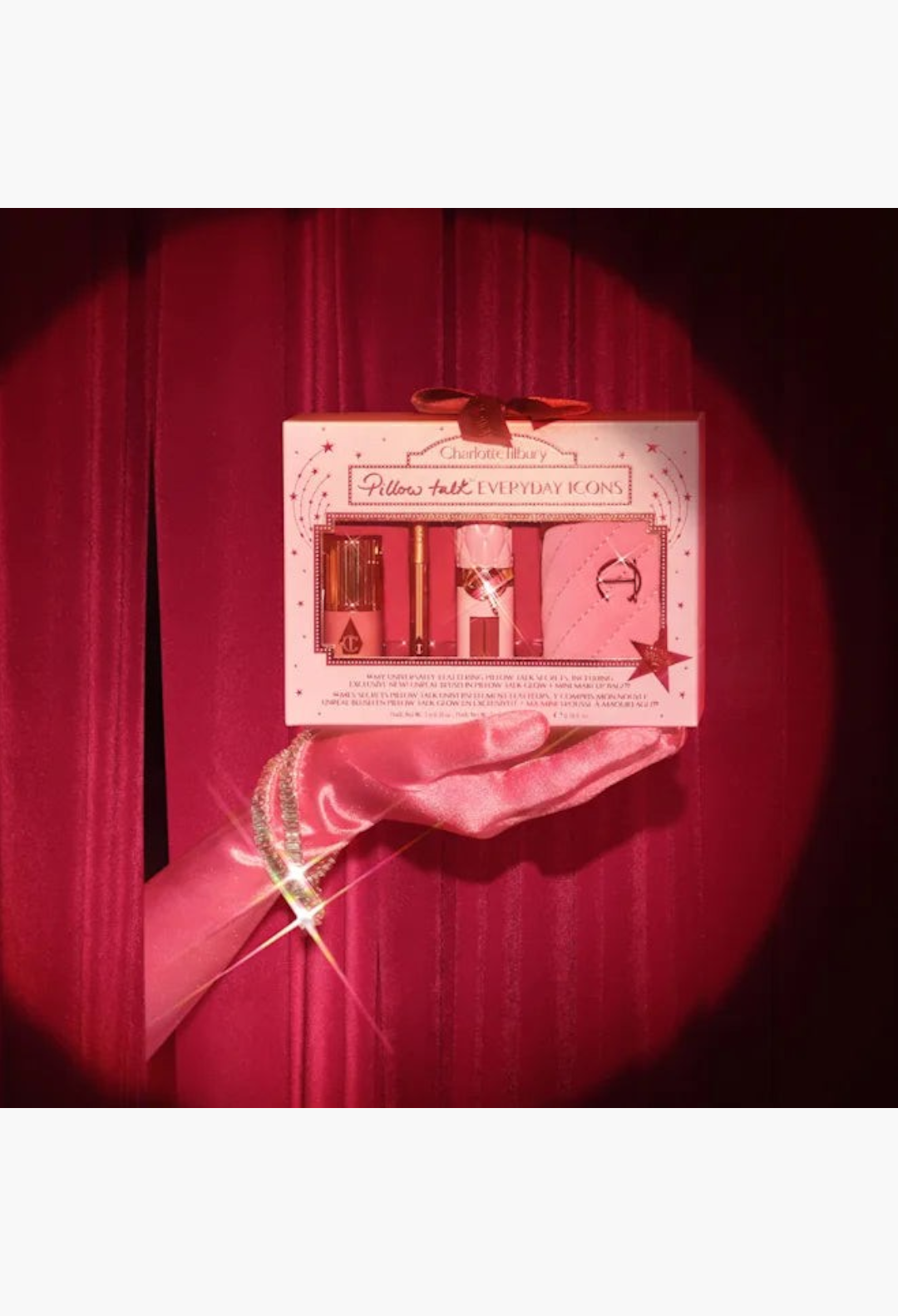 GLAM MODA Pillow Talk Everyday Icons gift set featuring lip liner, lip plumper, blush stick, and bag in pink packaging