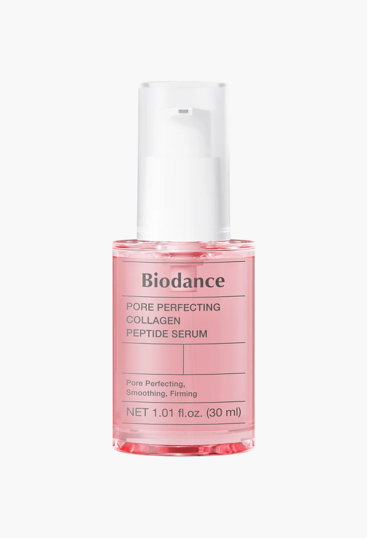 GLAM MODA Biodance Pore Perfecting Collagen Peptide Serum in a clear pink bottle with a white pump dispenser.