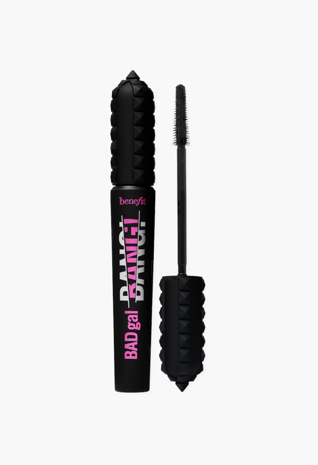 GLAM MODA Benefit BADgal BANG! volumizing mascara tube with a spiked cap and a slim applicator brush in black.