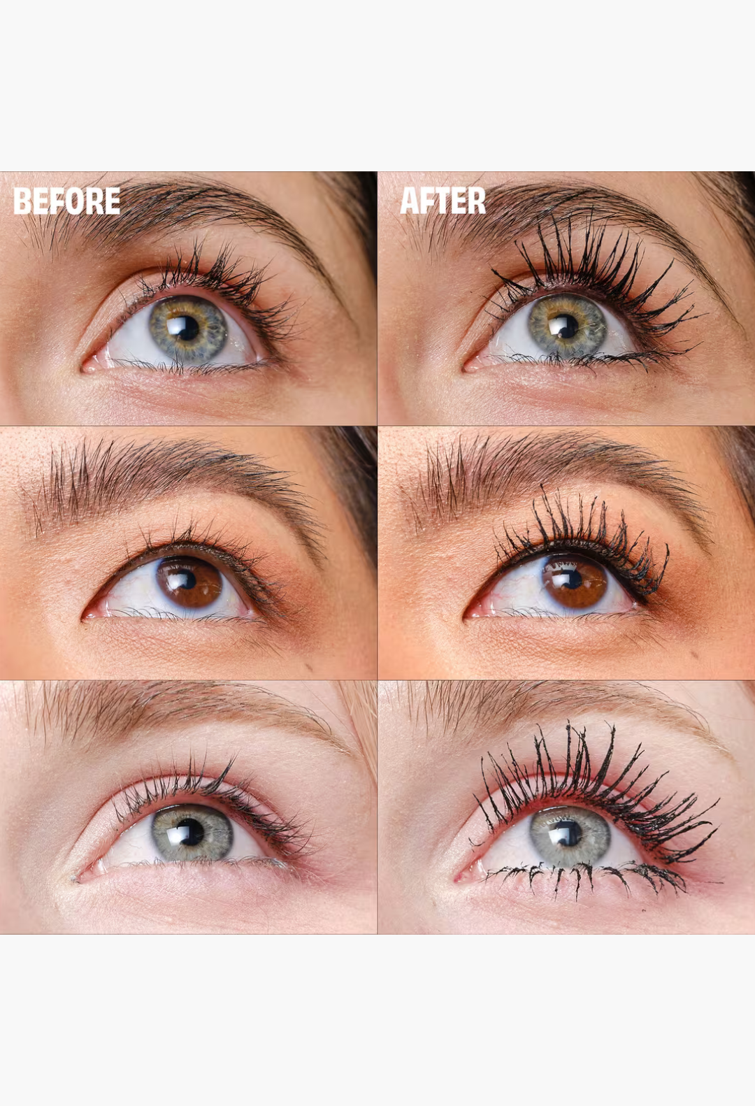 GLAM MODA before and after comparison showing dramatic lash volume and length using BADgal BANG! volumizing mascara