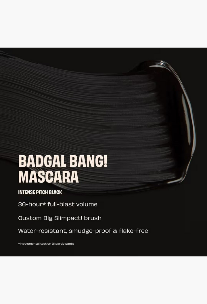 GLAM MODA BADgal BANG! volumizing mascara swatch showing intense pitch black, smooth, buildable formula texture.