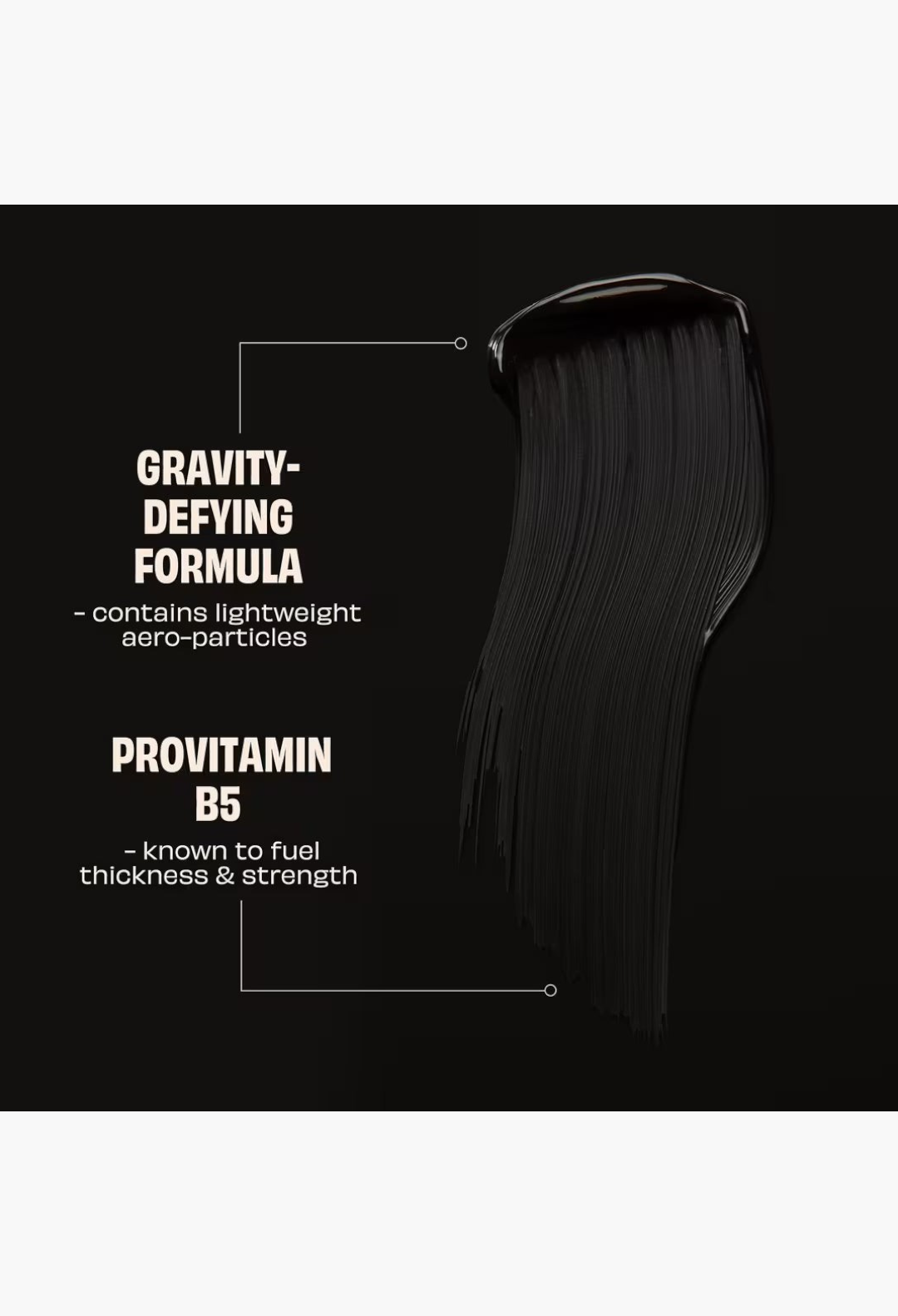 GLAM MODA BADgal BANG! volumizing mascara swatch showing intense black pigment and gravity-defying formula texture.