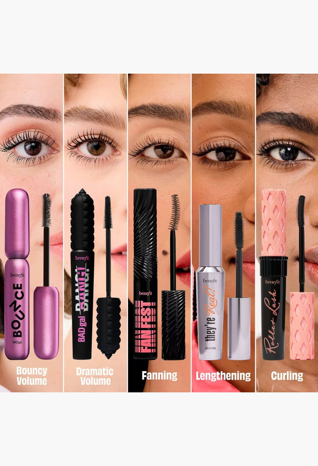 GLAM MODA collection of five Benefit volumizing and lengthening mascaras with their respective wands displayed.