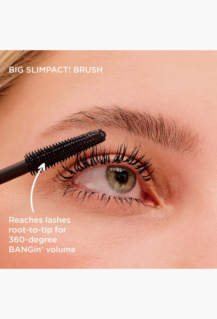 GLAM MODA BADgal BANG! mascara brush applying black volumizing formula to lashes for 360-degree lift and length.
