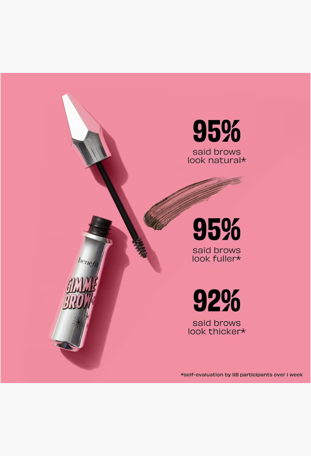 GLAM MODA Benefit Gimme Brow+ tinted volumizing eyebrow gel with applicator brush and product swatch on white background