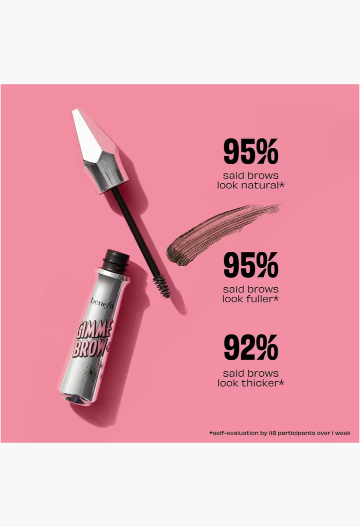 GLAM MODA Benefit Gimme Brow+ tinted volumizing eyebrow gel with applicator brush and product swatch on white background