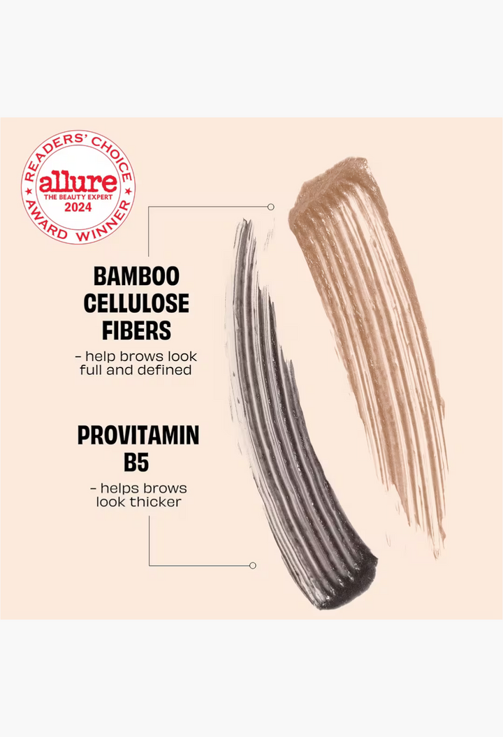 GLAM MODA Benefit Gimme Brow+ gel swatches showing bamboo cellulose fibers and provitamin B5 for thicker brows.
