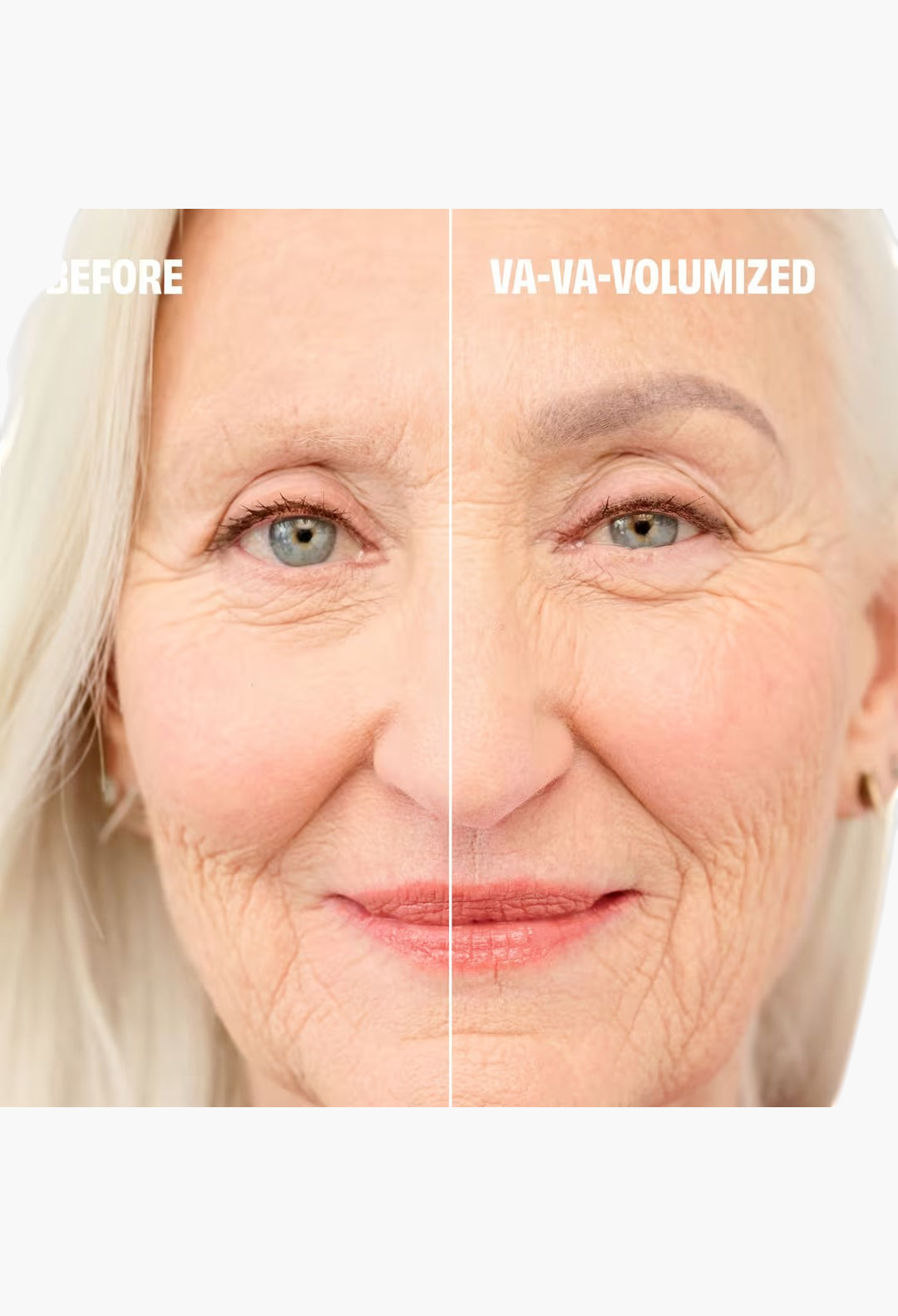 GLAM MODA before and after comparison of Gimme Brow+ tinted volumizing gel showing fuller defined eyebrows on a woman