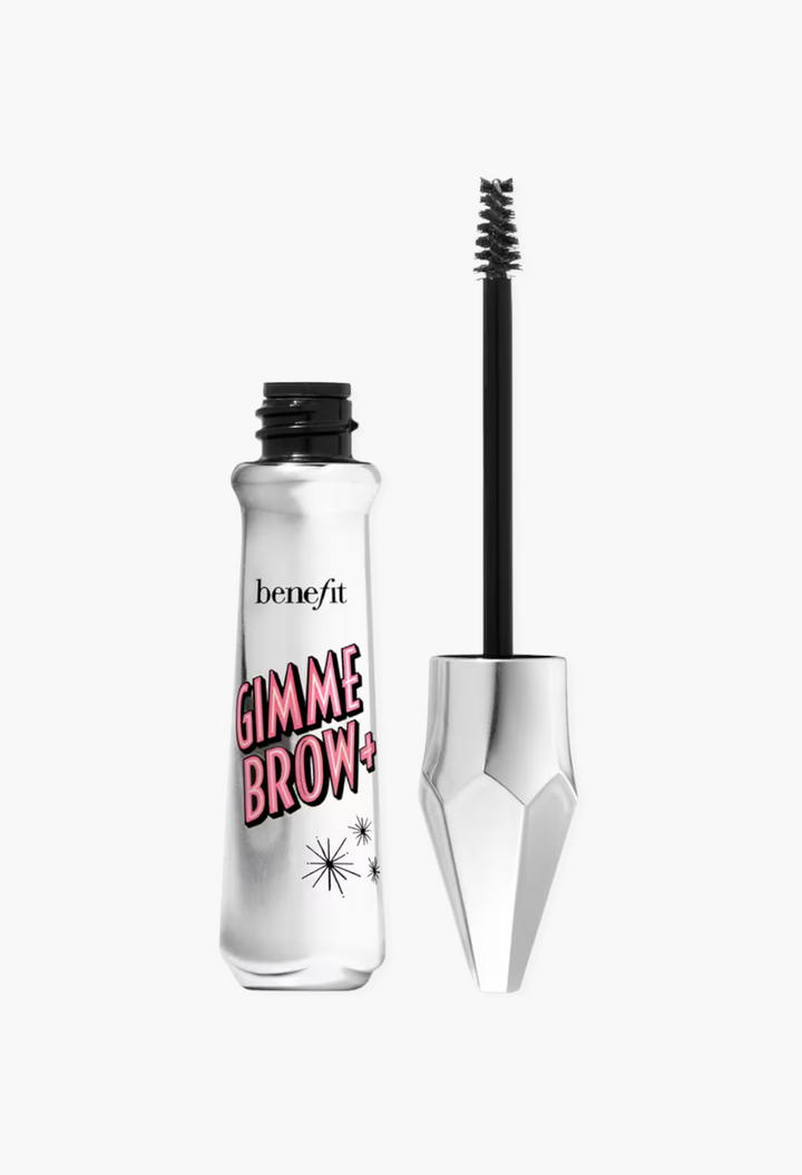 GLAM MODA Benefit Gimme Brow+ tinted volumizing eyebrow gel with tapered applicator brush in silver metallic bottle