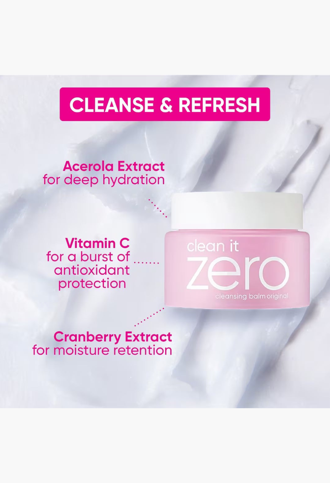 GLAM MODA Clean It Zero Original Cleansing Balm in a pink jar with text highlighting acerola, vitamin C, and cranberry.
