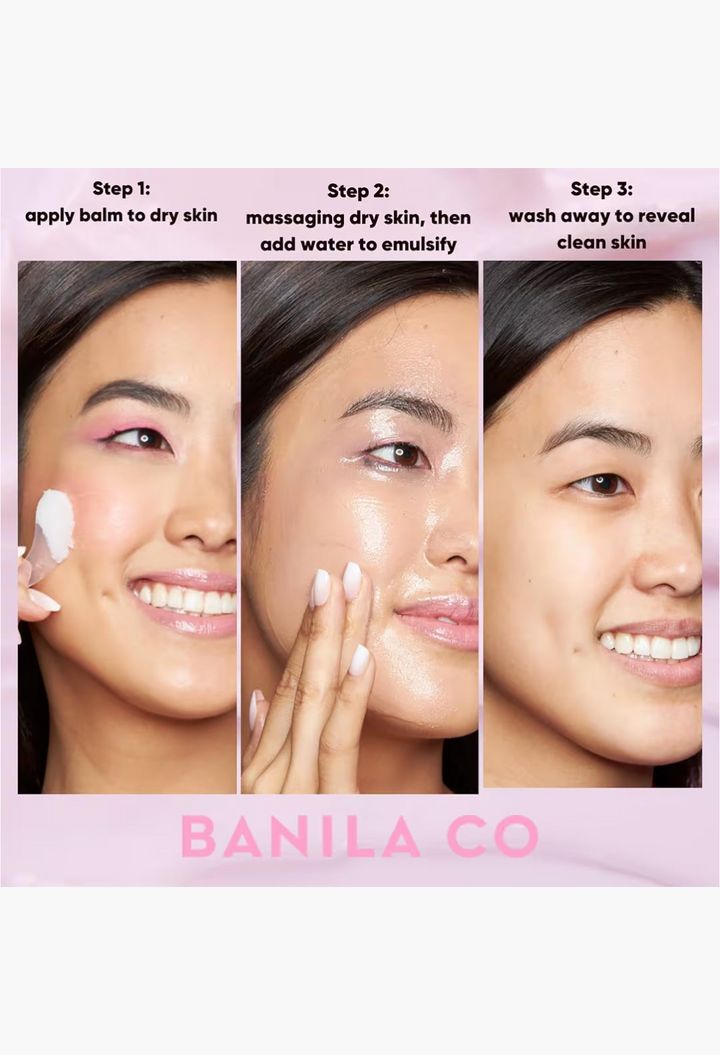 GLAM MODA Clean It Zero Original Cleansing Balm shown in a three-step application process on a woman's face.