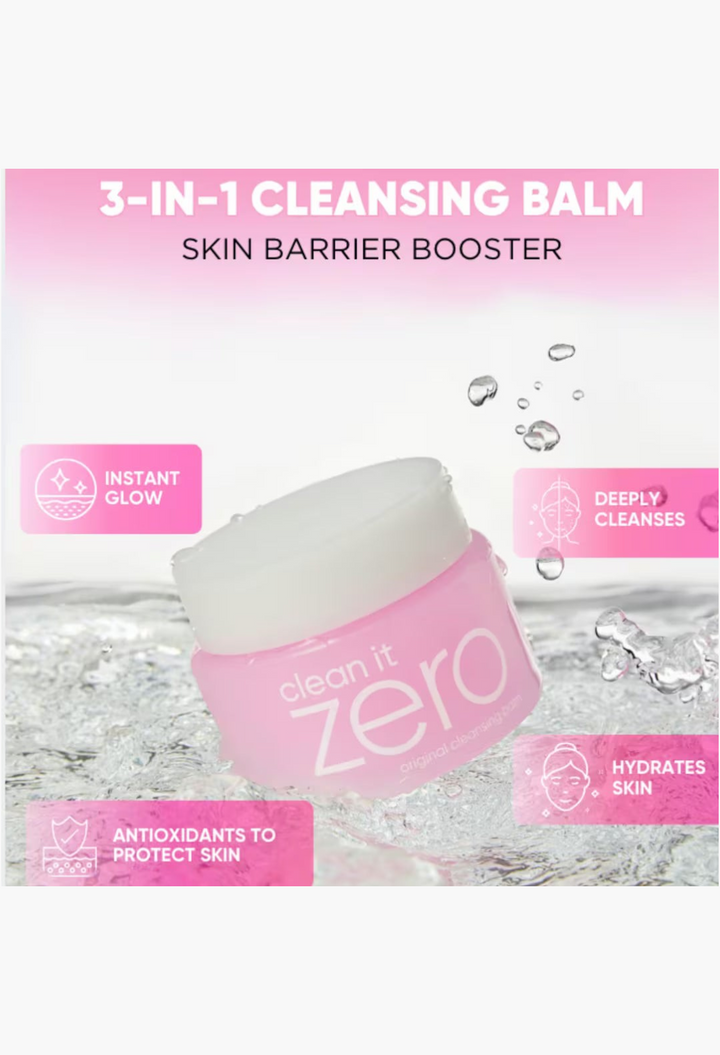 GLAM MODA Clean It Zero Original Cleansing Balm in a pink jar with a white lid, surrounded by ice-like accents.